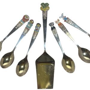 Vintage Soviet Russian Repka 6 Tea Spoon Cake Shovel Enamel Melchior Cupronickel